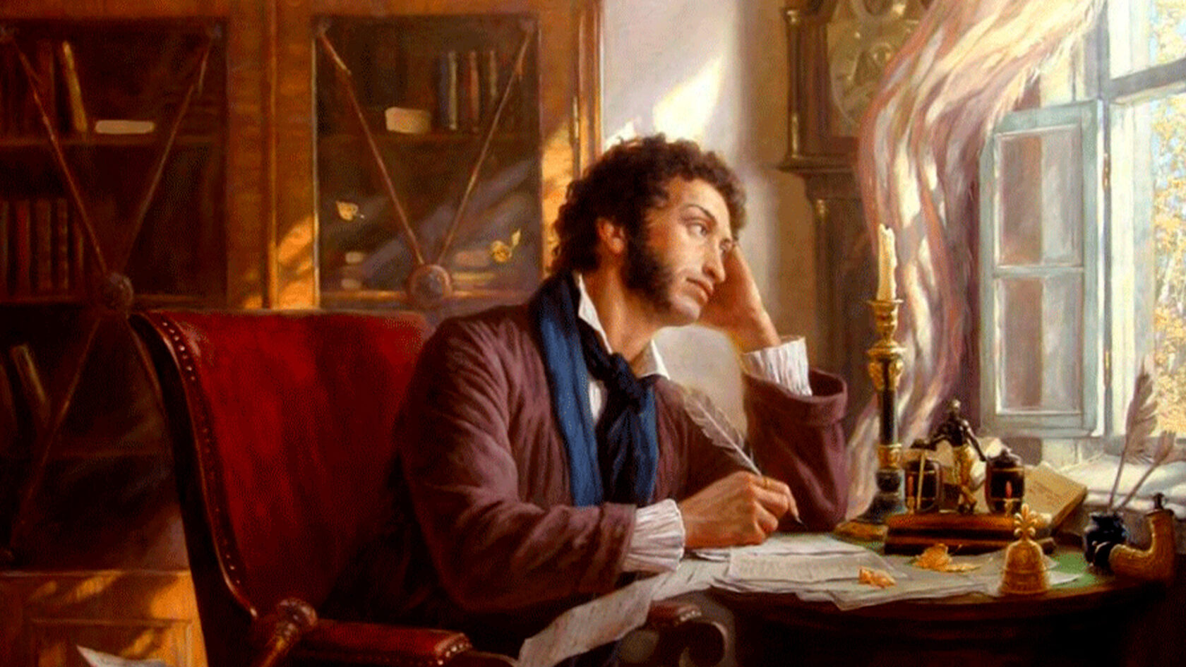 Пушкин сидит на стуле